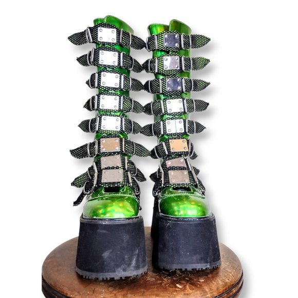 Sold-Demonia acid green glow in the dark mega platform knee-high boots size 7 US - Picture 7 of 10